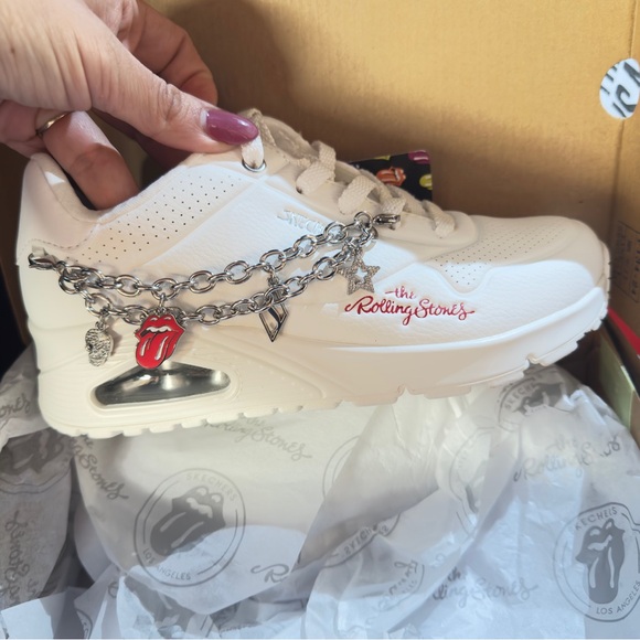 the Rolling Stones Shoes - The Rolling Stones White Platform Sneaker with Charm Chain and Red Tongue Logo